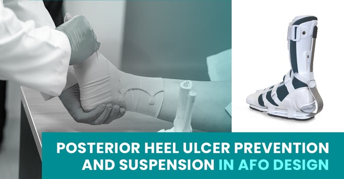 Clinician supports a bandaged foot beside a PRAFO® Orthosis for posterior heel ulcer prevention and suspension in AFO design.
