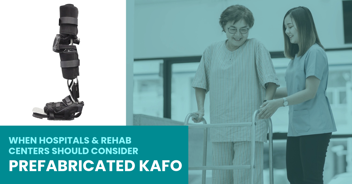Prefabricated knee-ankle-foot orthosis (KAFO) beside a rehabilitation clinician assisting a patient using a walker in a hospital rehab center.