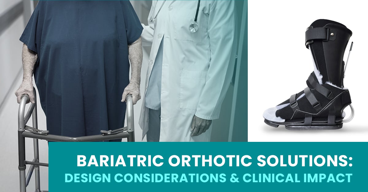 Bariatric orthotic solutions for clinical mobility support, featuring a patient with a walker, medical provider, and bariatric AFO brace for weight distribution and durable orthotic care.