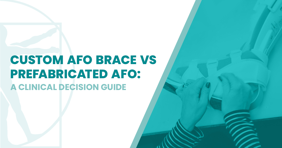 Graphic promoting a clinical guide comparing custom AFO braces and prefabricated AFOs by Anatomical Concepts, Inc.
